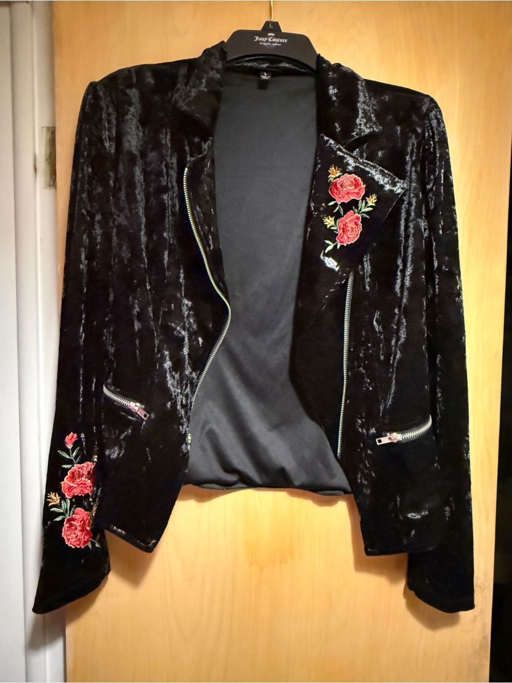 Disney’s Coco Women’s Black Velvet Floral Embroidered Moto Jacket - LARGE